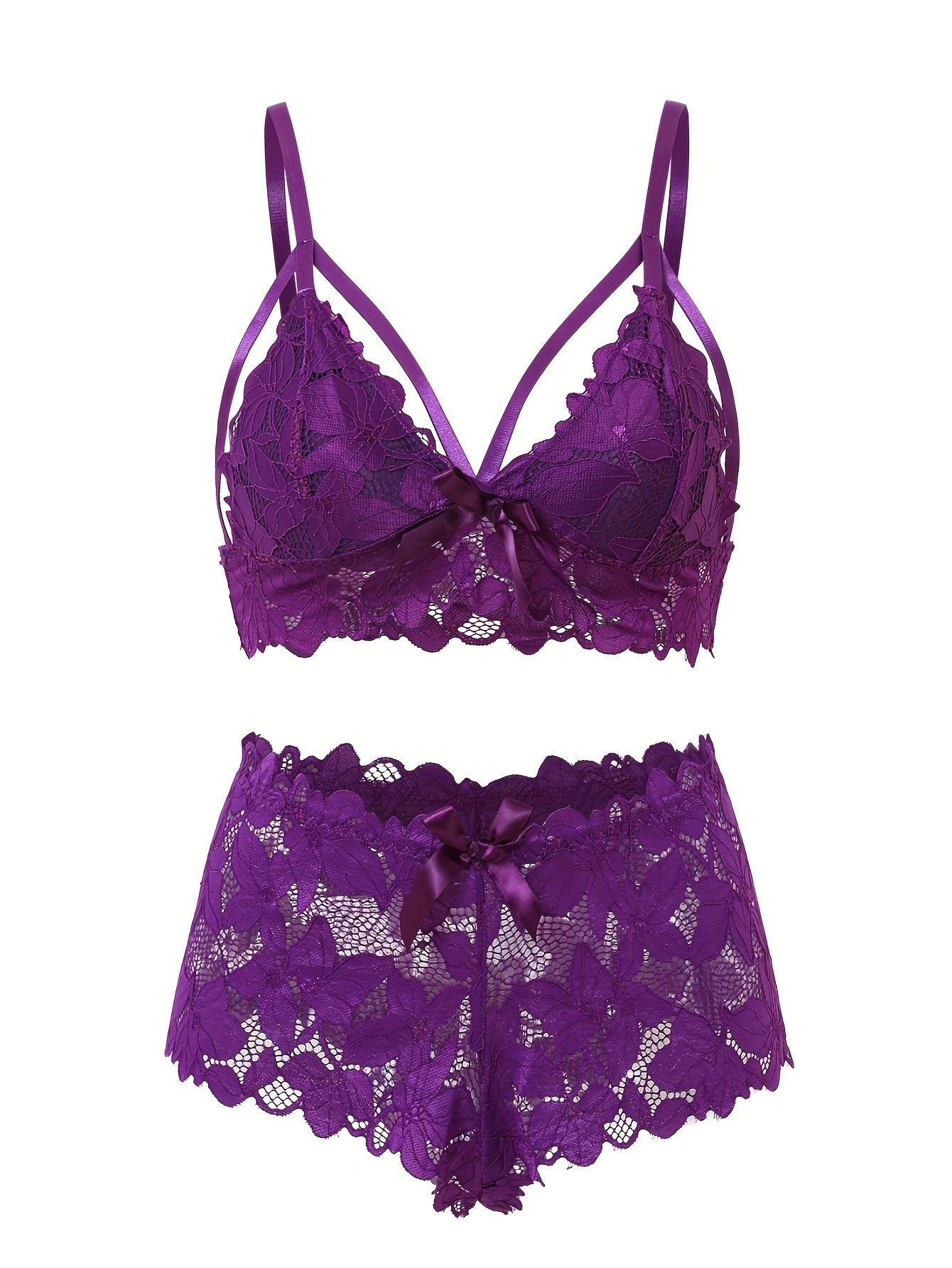 6 pack Plus Size Floral Lace Strappy Bra & Panty Set - Sexy Lingerie 6 Piece Lingerie Set with Bow Detail