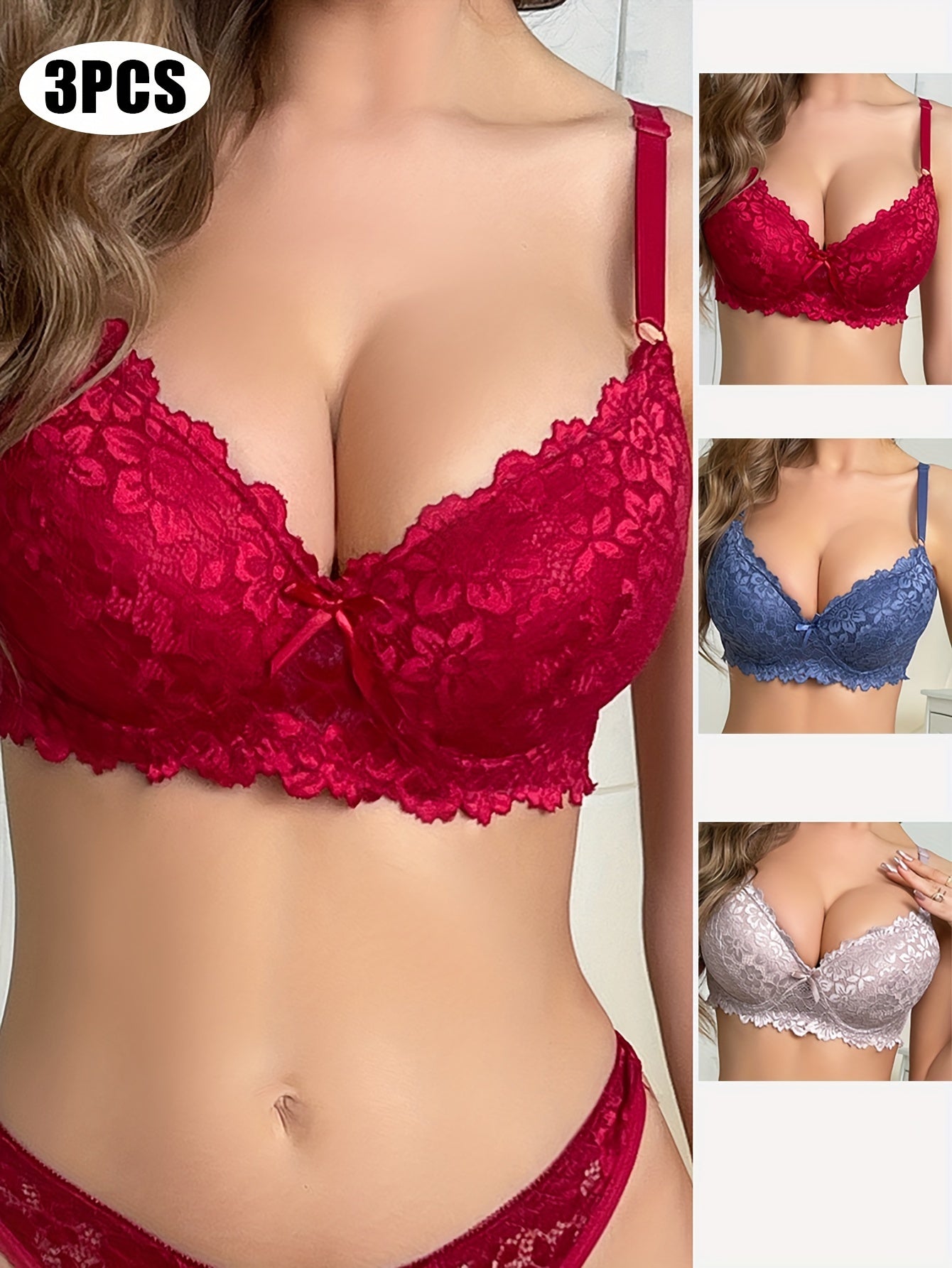 3-Piece Set Elegant Lace Bras for Women with Non-Removable Padding, Underwire Support, Bow Detail - Polyamide and Elastane Knit Fabric, Solid Color Everyday Undergarments