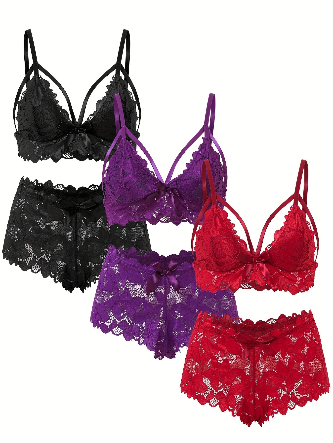 6 pack Plus Size Floral Lace Strappy Bra & Panty Set - Sexy Lingerie 6 Piece Lingerie Set with Bow Detail