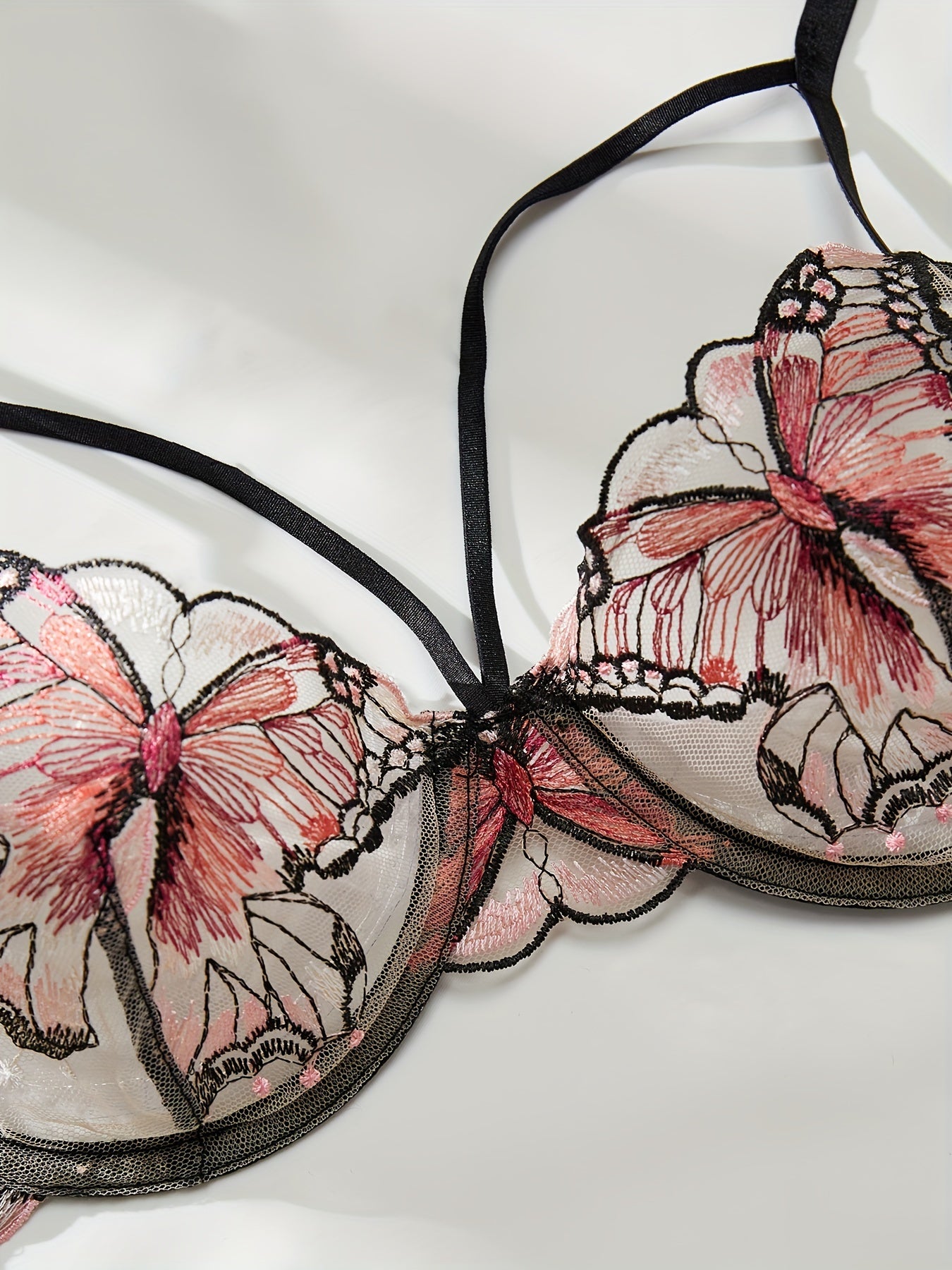 Butterfly Embroidered Mesh Lingerie Set: Strappy Plunge Bra & Thong, Women's Sexy Lingerie & Underwear