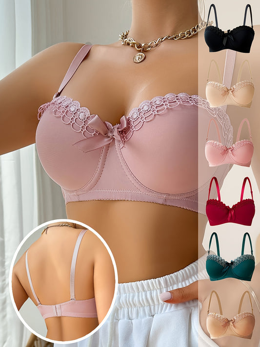 6pcs Women's Backless Push-Up Bras - High Support Underwire, Floral Lace Trim, Non-Removable Padding & Breathable Fabric, Comfort Fit T-Shirt Bras for Everyday & Special Occasions (Black & 4 Colors), Occasion Pushups | Elegant Bra Design | Gathered Bust