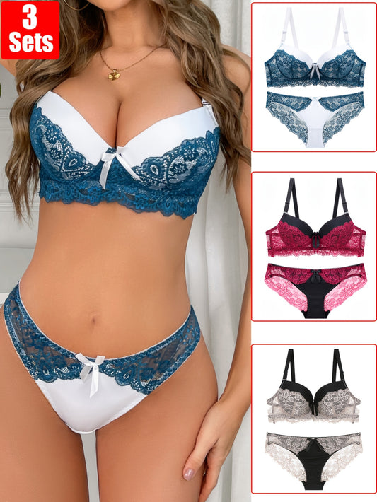 3 Sets of French Lace Contrast Color Sexy Women'S Bra and Panties Set, Comfortable and Fashionable Women'S Underwear and Panties Set