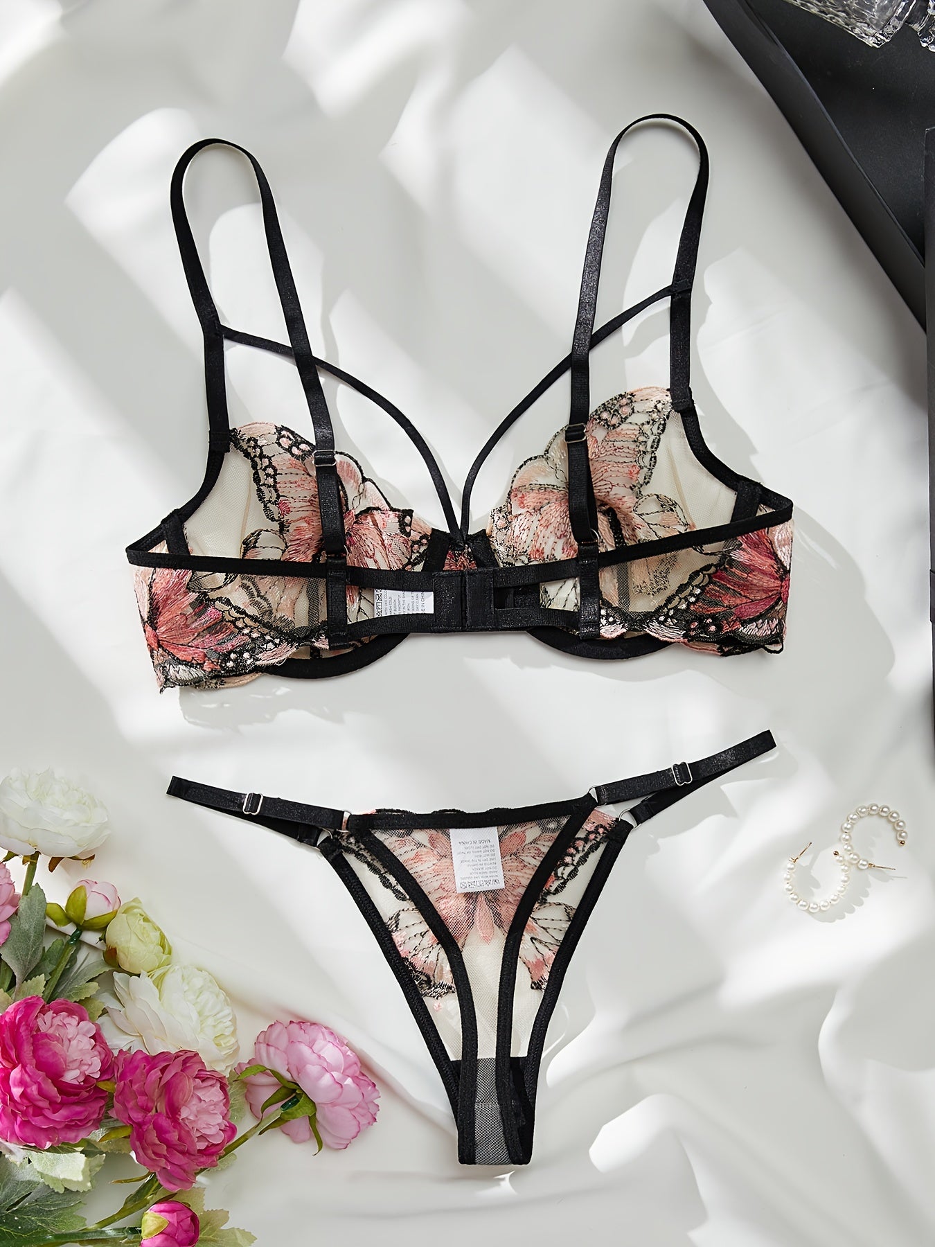 Butterfly Embroidered Mesh Lingerie Set: Strappy Plunge Bra & Thong, Women's Sexy Lingerie & Underwear