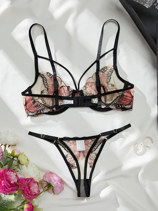 Butterfly Embroidered Mesh Lingerie Set: Strappy Plunge Bra & Thong, Women's Sexy Lingerie & Underwear