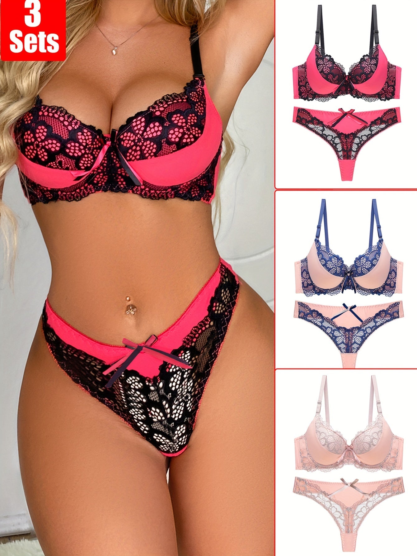 3pcs French Sexy Gathered Bra Set Lace Contrast Color Hollowed Out Women's Underwear Panty Set